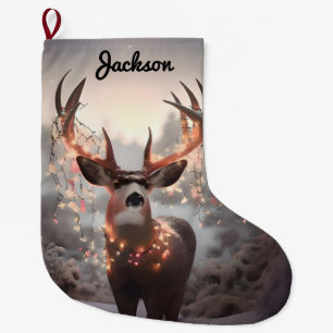Mule Deer and Christmas Lights Large Christmas Stocking