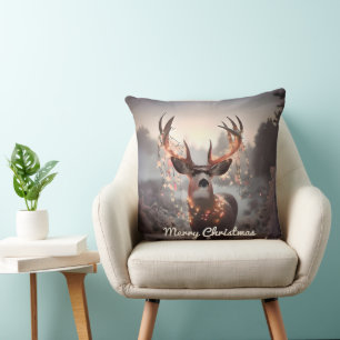 Mule Deer and Christmas Lights Throw Pillow