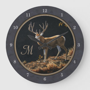 Mule Deer Buck Charcoal Grey Monogram Large Clock