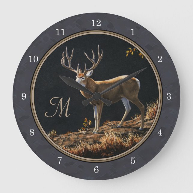 Mule Deer Buck Charcoal Grey Monogram Large Clock (Front)