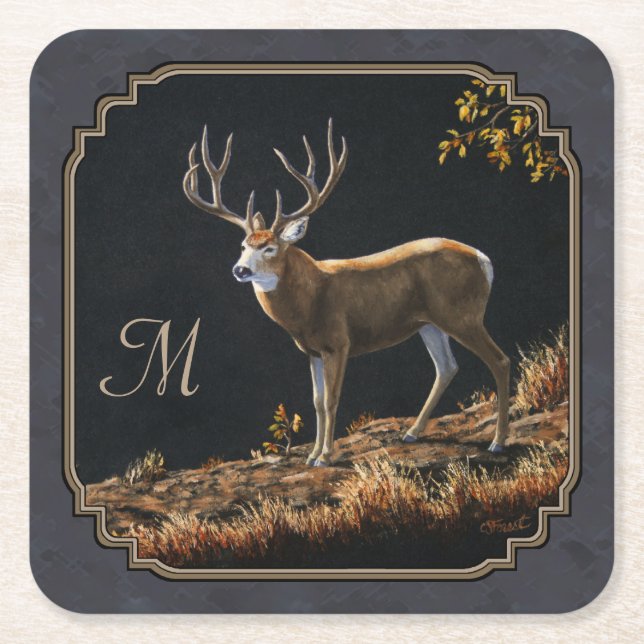 Mule Deer Buck Charcoal Grey Monogram Square Paper Coaster (Front)