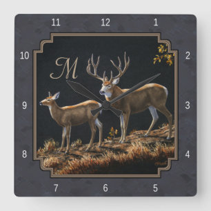 Mule Deer Buck Charcoal Grey Monogram Square Wall Clock