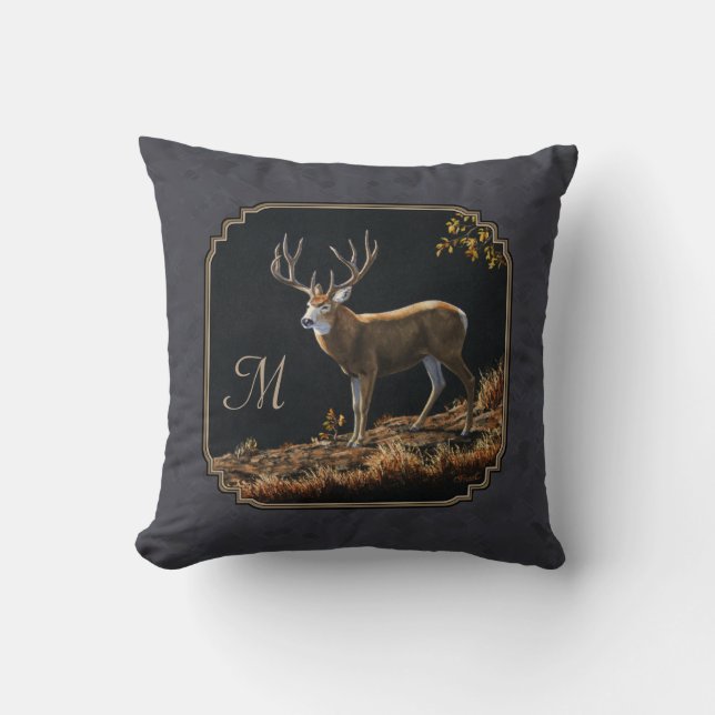 Mule Deer Buck Charcoal Grey Monogram Throw Pillow (Front)