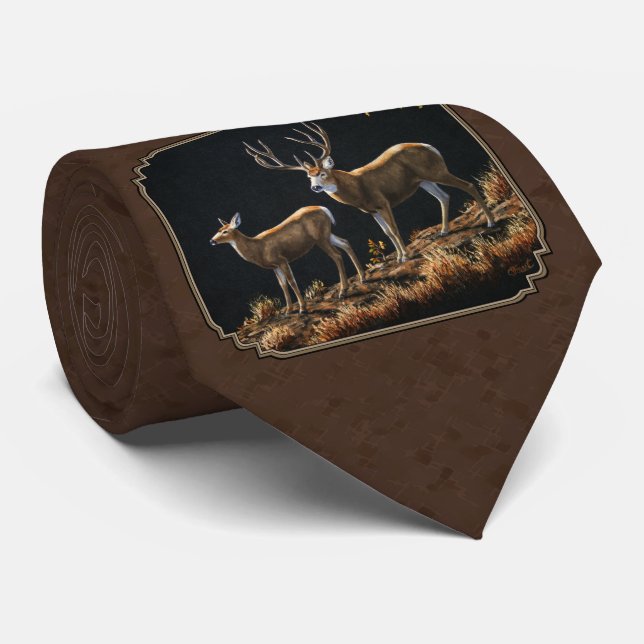 Mule Deer Buck & Doe Brown Monogram Tie (Rolled)
