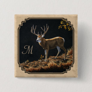 Mule Deer Buck Tan Monogram 2 Inch Square Button