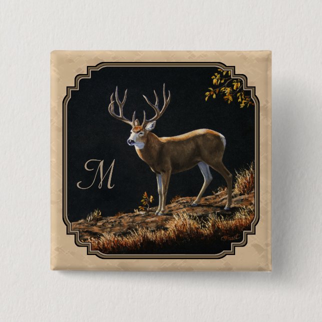 Mule Deer Buck Tan Monogram 2 Inch Square Button (Front)