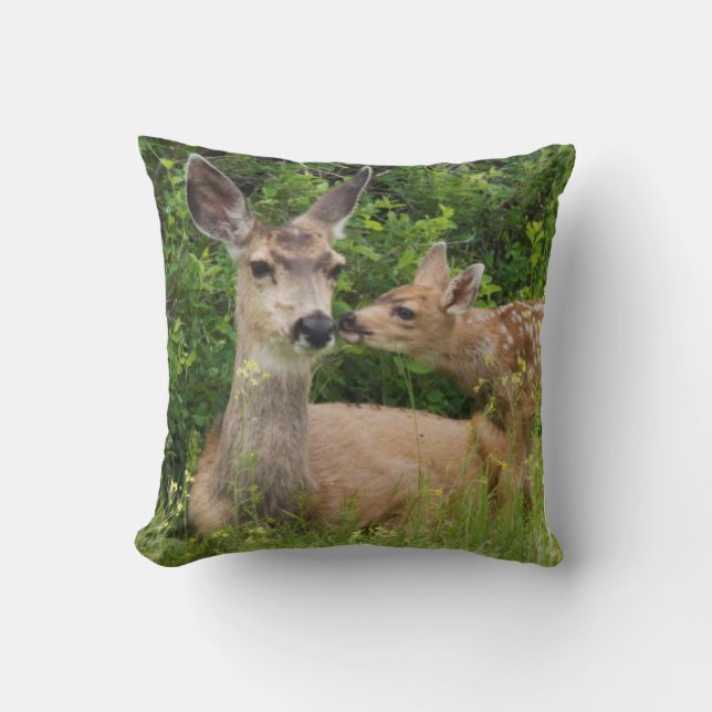 Mule Deer Doe with Fawn Throw Pillow (Front)