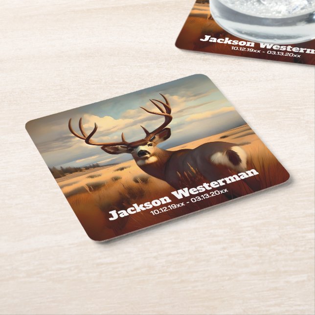 Mule Deer on Prairie Memorial  Square Paper Coaster (Angled)
