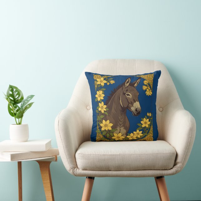 Mule Farm Animal Surrounded By Yellow Jasmine Flow Throw Pillow (Chair)