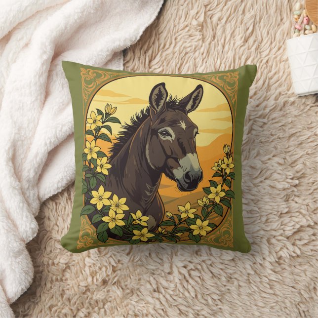 Mule Surrounded By Yellow Jasmine Flowers Throw Pillow (Blanket)