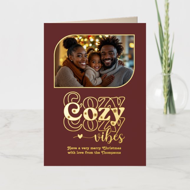 Mulled Wine Cozy Vibes Christmas Photo Foil Holiday Card (Front)