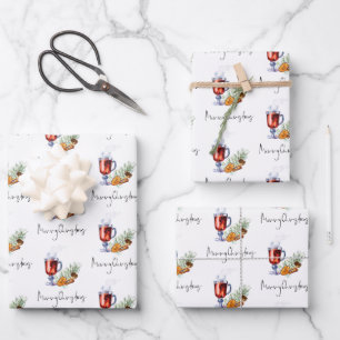 Mulled Wine Pattern Merry Christmas Script Wrapping Paper Sheet