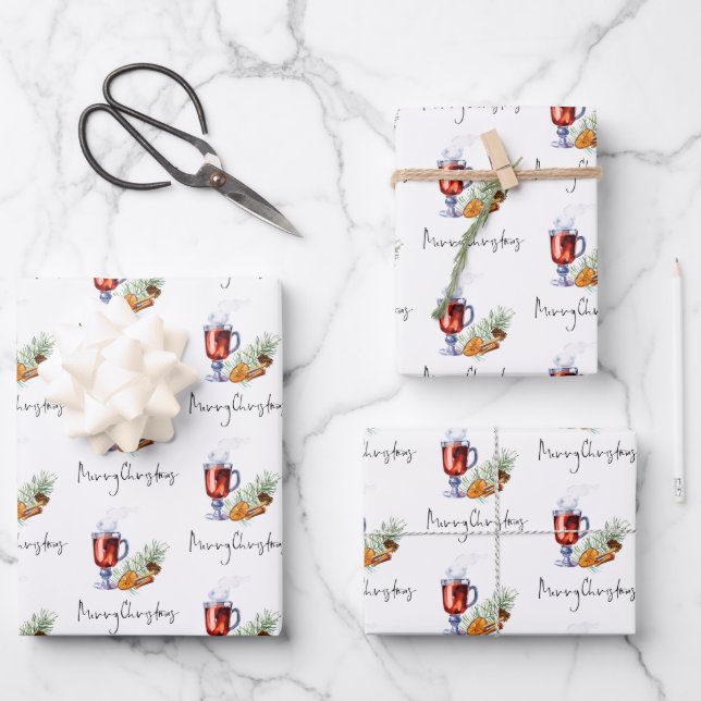 Mulled Wine Pattern Merry Christmas Script Wrapping Paper Sheet (Front)