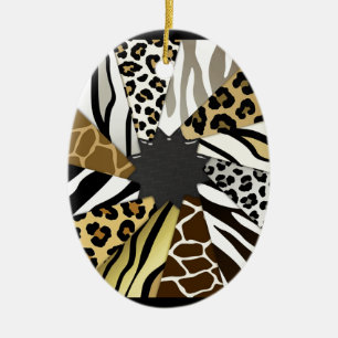 Multi Animal Prints Zebra Tiger Add Text Initial Ceramic Ornament