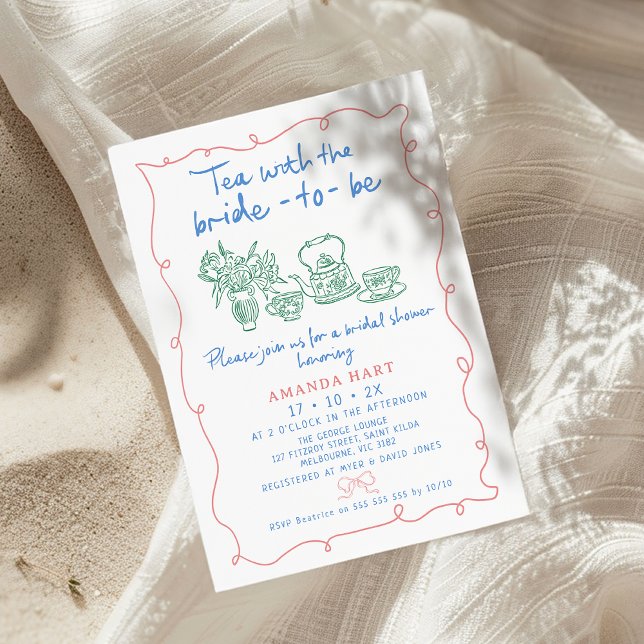 Multi-color Hand Drawn Whimsical Tea Bridal Shower Invitation (Whimsical Tea Bridal Shower Invitation, Hand Drawn Three Colors, Tea With Bride To Be Invite Quirky)