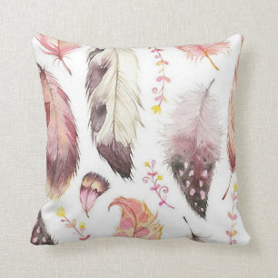 Multi-color pink/mauve boho feather printed pillow