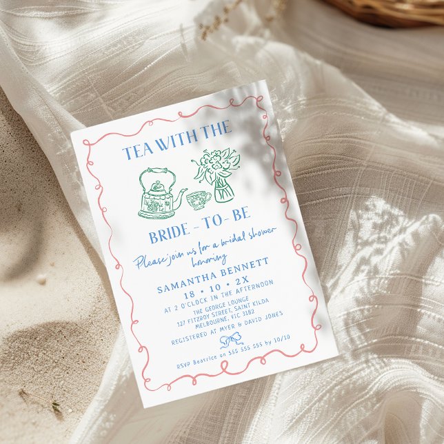 Multi-Color Whimsical Tea With Bride Bridal Shower Invitation (Whimsical Tea Bridal Shower Invitation, Hand Drawn Three Colors, Tea With Bride To Be Bridal Shower,)