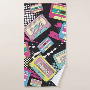 Multi Colored cassettes on a black background seam Bath Towel