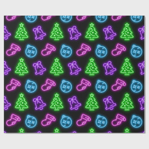 Multi-Colored Neon Christmas on Black Wrapping Paper