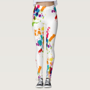 Multi-Colored Paint Splatter on White Leggings
