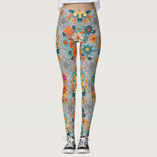 Multi-colors flower pots pattern. black Grey BG Leggings