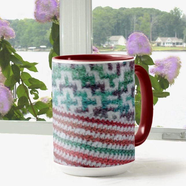 Multi Colour Crochet Patterns Maroon and White Mug (Creator Uploaded)
