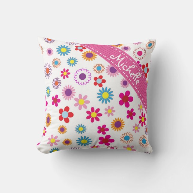 Multi Colour Floral Custom Name Girly Pattern Throw Pillow (Front)