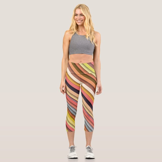 Multi colour geometric simple strip design capri leggings (Front)