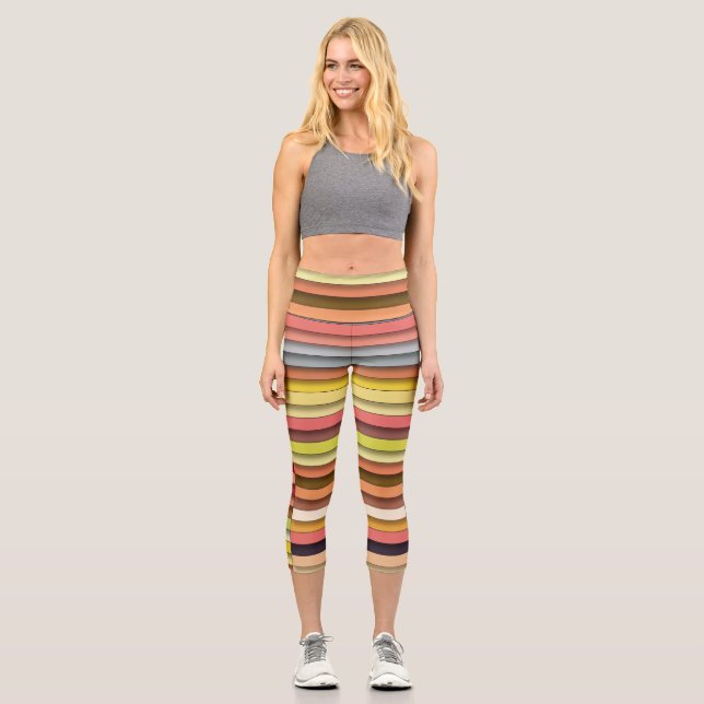 Multi colour geometric simple strip design capri leggings (Front)