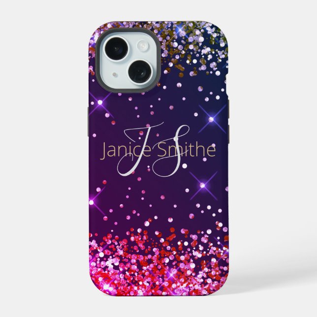 Multi Colour Glitter Monogram iPhone 15 Case (Back)
