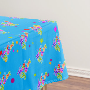 Multi Colour Happy Birthday Graphic on Blue Tablecloth