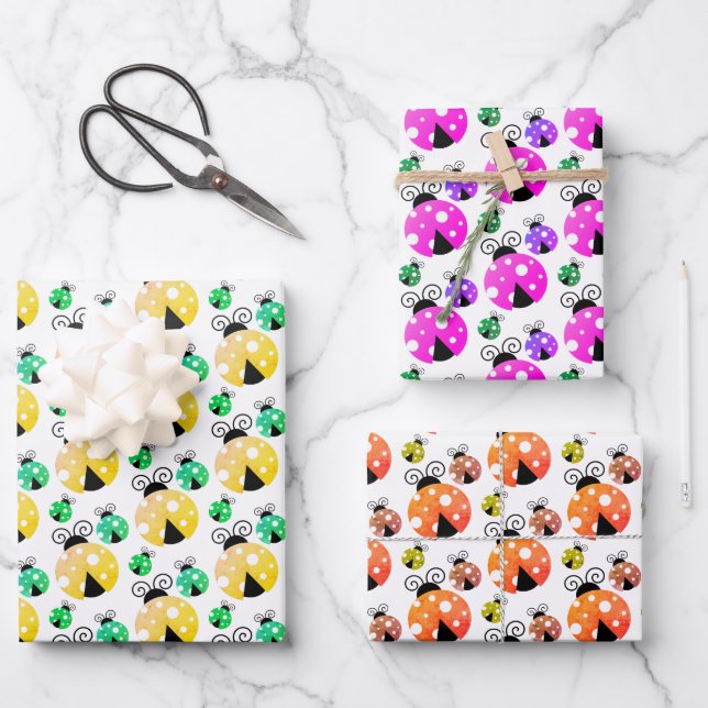 Multi-colour Ladybugs Pattern Wrapping Paper Sheet (Front)