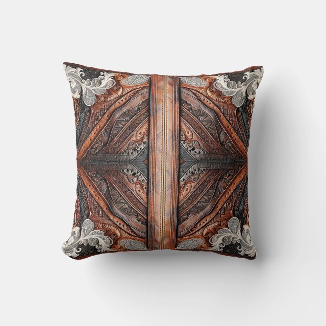 Multi Colour Leather & Elegant Lace Rustic  Throw Pillow (Front)