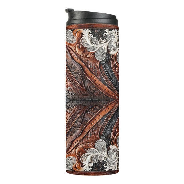 Multi Colour Leather & Lace Look Rustic Wedding Thermal Tumbler (Rotated Right)