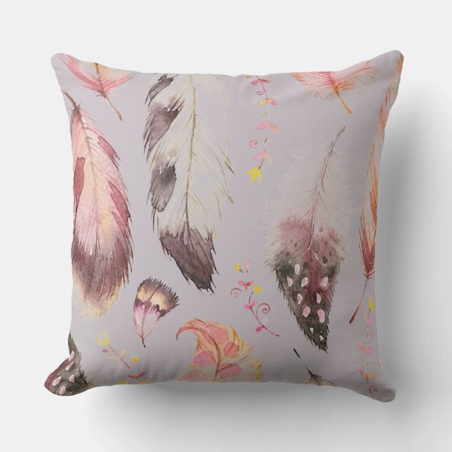 Multi colour mauve boho feather print accent pillo throw pillow (Front)