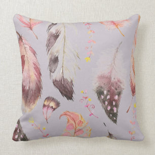 Multi colour mauve boho feather print accent pillo throw pillow