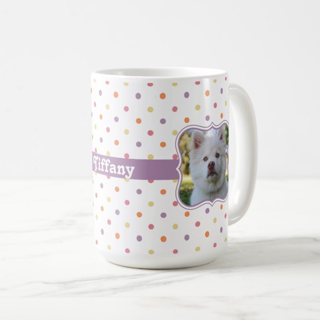 Multi-Colour Polka Dots w/ Purple Ribbon PhotoFram Coffee Mug (Front Right)