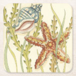 Multi-Colour Shell Party Square Paper Coaster<br><div class="desc">Charikilia Zarris is a talented artist know for her ocean artwork. Her images are peaceful and calm relaxing you with every picture. Get this nautical piece of artwork with a starfish and a Conch shell being the centre of it all, bordered with beautiful kelp. This image will look great on...</div>