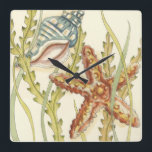 Multi-Colour Shell Party Square Wall Clock<br><div class="desc">Charikilia Zarris is a talented artist know for her ocean artwork. Her images are peaceful and calm relaxing you with every picture. Get this nautical piece of artwork with a starfish and a Conch shell being the centre of it all, bordered with beautiful kelp. This image will look great on...</div>