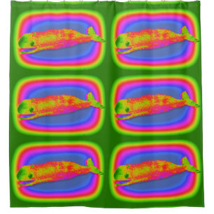 multi-colour whales on green background