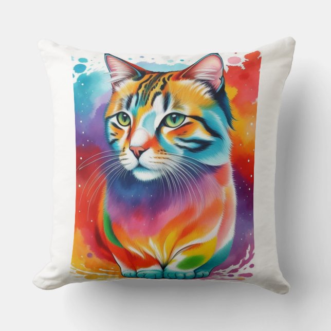 Multi Coloured Abstract Cat Artwork  Throw Pillow (Front)