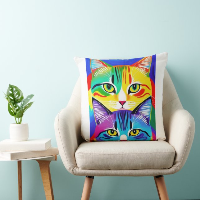 Multi Coloured Abstract Cats Throw Pillow (Chair)