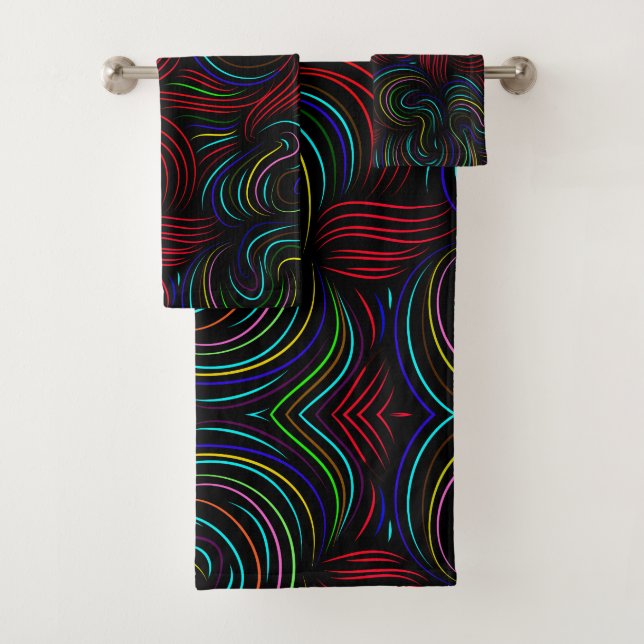 Multi-coloured abstract pattern bath towel set (Insitu)