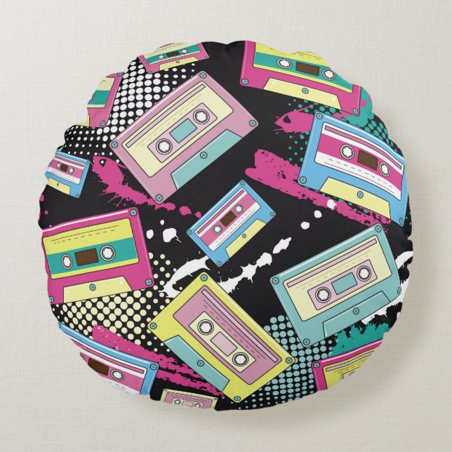 Multi Coloured cassettes on a black background sea Round Pillow (Front)