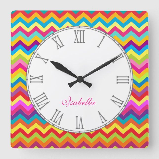Multi coloured chevron zigzag kids name wall clock (Front)