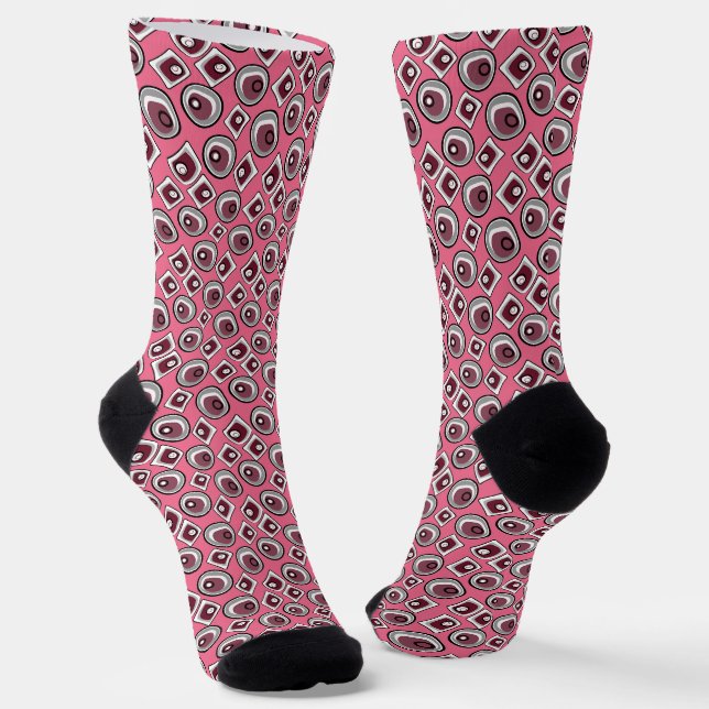 Multi-coloured circles and rings retro sixties socks (Angled)
