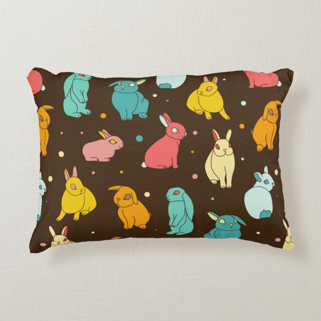 Multi-coloured, different rabbits, hares on a dark accent pillow (Front)