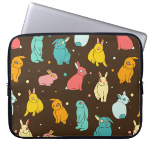 Multi-coloured, different rabbits, hares on a dark laptop sleeve