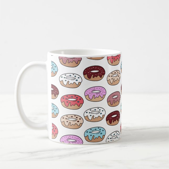 Multi-coloured doughnuts hand drawn seamless patte coffee mug (Left)