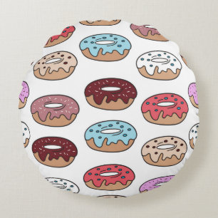 Multi-coloured doughnuts hand drawn seamless patte round pillow
